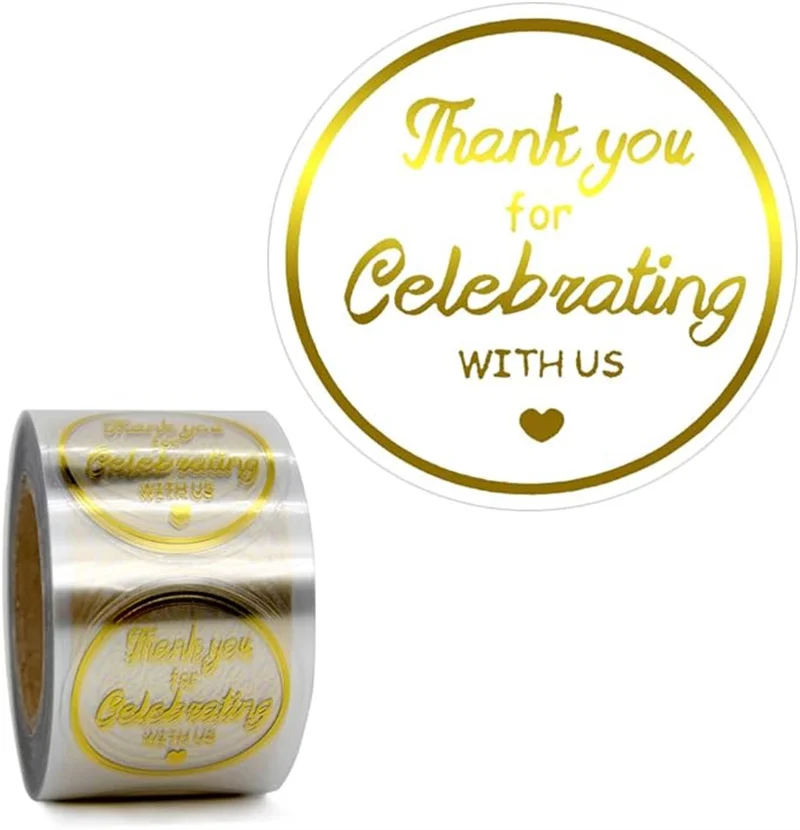 500 Pcs Round Clear Wedding Stickers Gold Foil Thank You for Celebrating with Us Sticker Roll Glitter Seal Labels 1.5  Inch