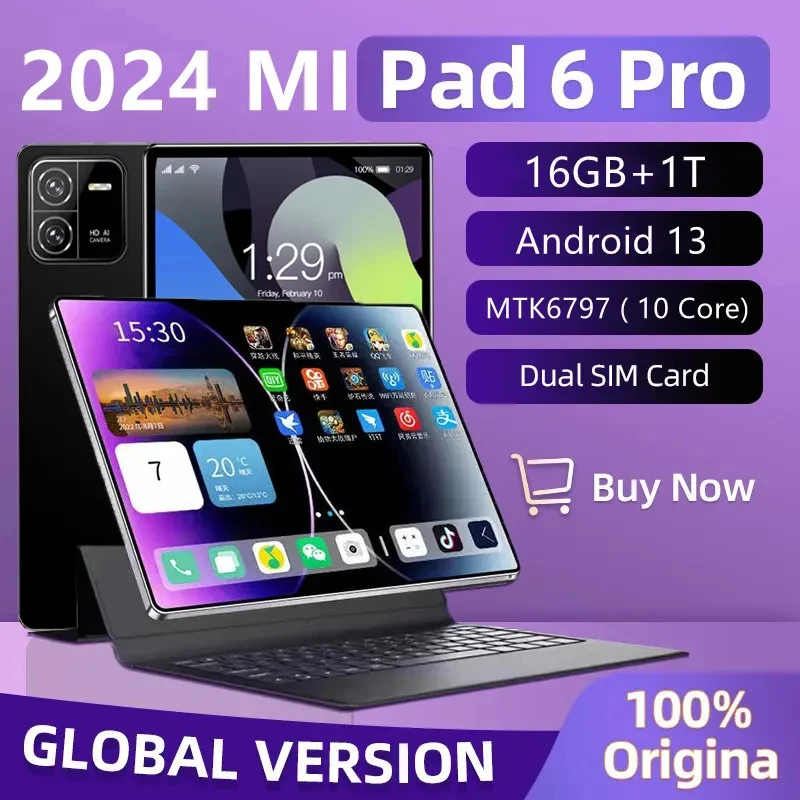 

2024 NEW Original Pad 6 PRO Tablet Android 13 16GB 1T 10.1 Inch 10000mAh 5G Dual SIM Phone Call GPS Bluetooth WiFi WPS Tablet