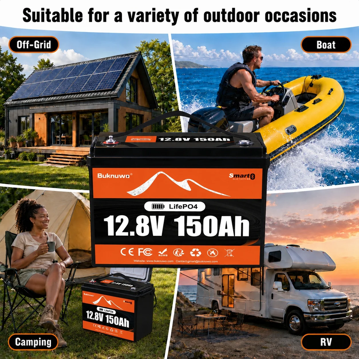 Buknuwo Smart 12V/12.8V 150Ah Bluetooth LiFePO4 Lithium Battery, 1920Wh Power Energy Battery, Built-in 100A BMS Grade A Cells, Low-Temp Protection, Capable Of Over 4, 000 Cycles Support Series/Parallel Battery For Solar, RV, Marine, Off-Grid Application view 8