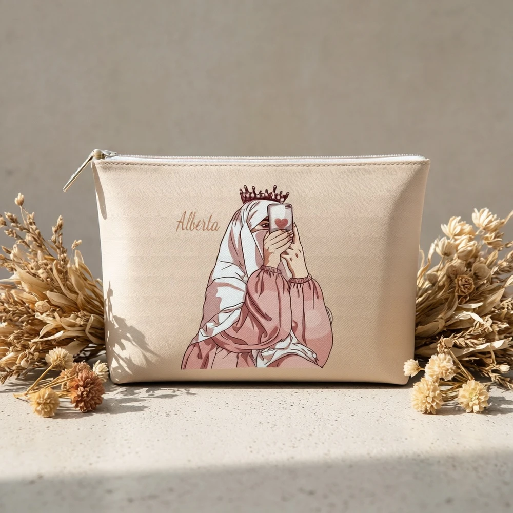 Personalized Hijab Crown Floral Print Makeup Bag Custom Name Large Zipper Pouch Islamic Eid Gift for Muslim Girls