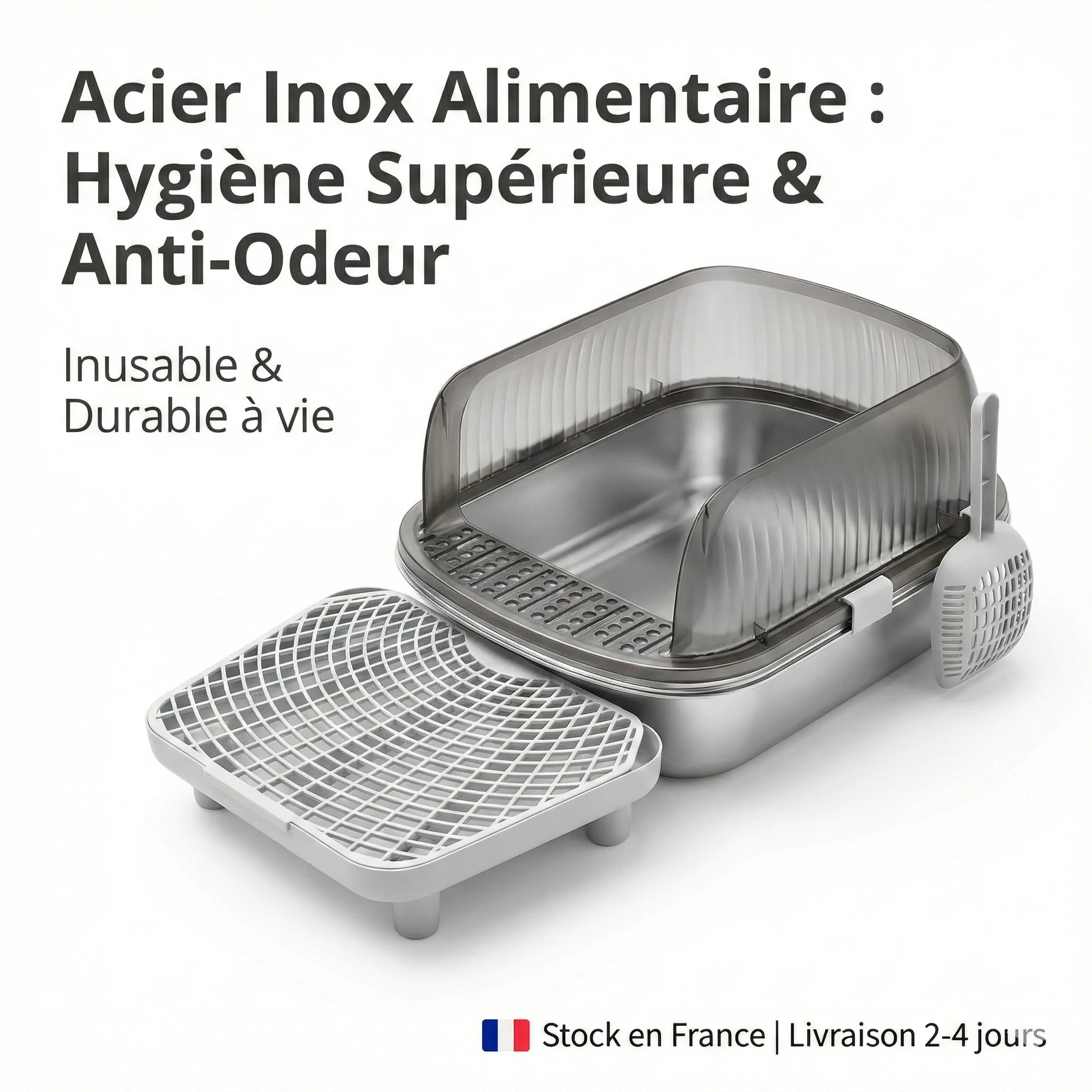 Bac à Litière  Inox XL (52cm) - Anti-Odeurs & Anti-bactérien - Acier Inoxydable Haute Qualité - Facile à Nettoyer - ZOOPARK