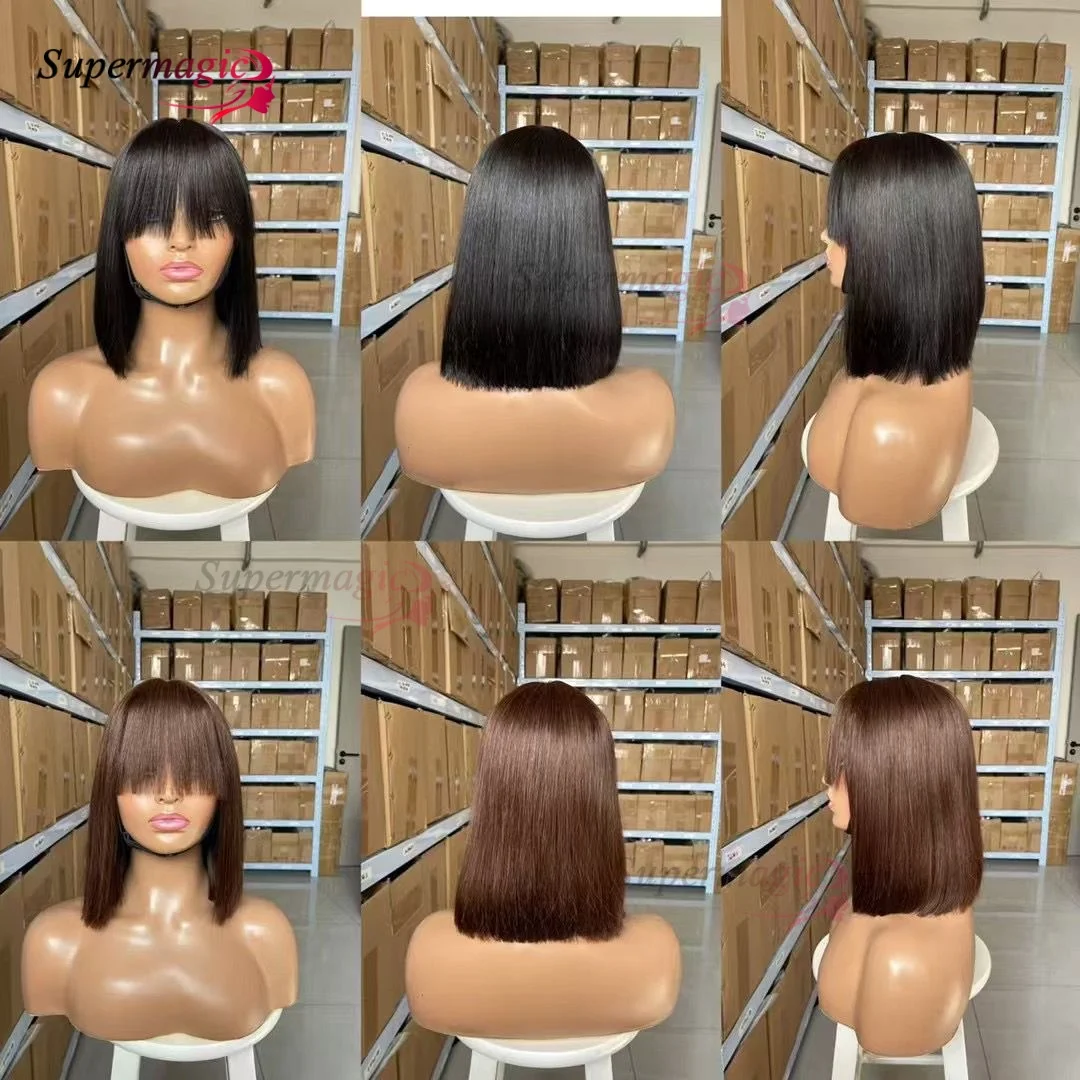من السهل وضع والذهاب بوب شعر مستعار قصير مستقيم شعر الإنسان بوب الباروكات مع الانفجارات البرازيلي ريمي شعر مستعار للنساء براون جزء سهل الدانتيل بوب شعر مستعار