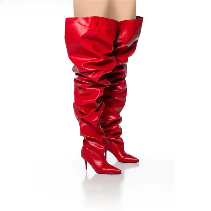 Herbst rot plissiert Frauen Oberschenkel hohe Stiefel sexy Damen Party Schuhe über dem Knie Stiefel High Heels Chaps lange Stiefel Frau