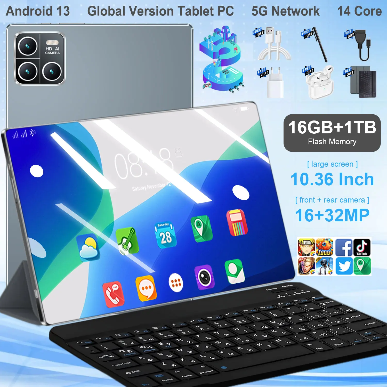 Tablette de bureau 2026 Global avec batterie 20000 mAh, écran 10,36 pouces 4K HD, GPS, 16 Go de RAM, 1 To de ROM, Android 13, 14 cœurs, double SIM, Wi-Fi