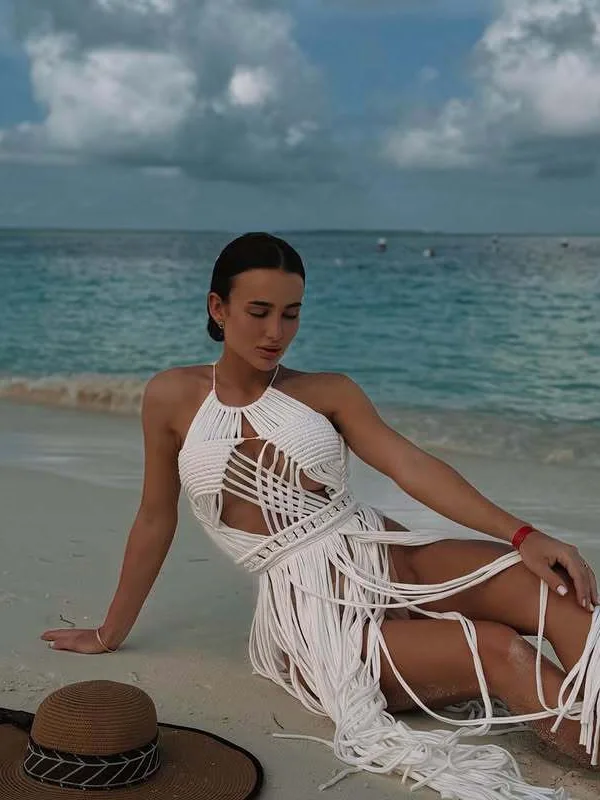 Handmade Goddess Macrame Beach Cover Up Boho Festival Dress Spartan Queen Costume Crochet Swimwear White Macrame Fringe Dress view 4