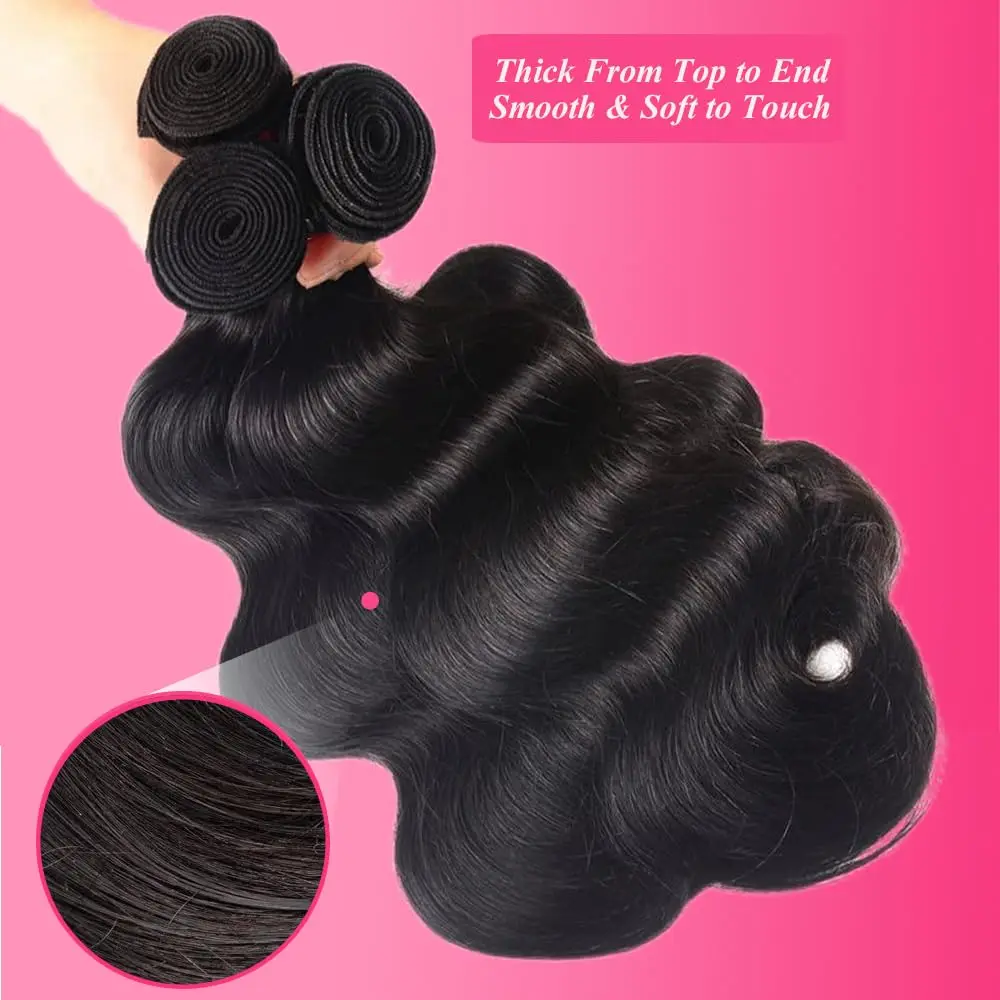 ボディウェーブ人毛 1～3束 100%人毛束 未加工ブラジル産バージンヘア束 # 1B ナチュラルカラー 女性用