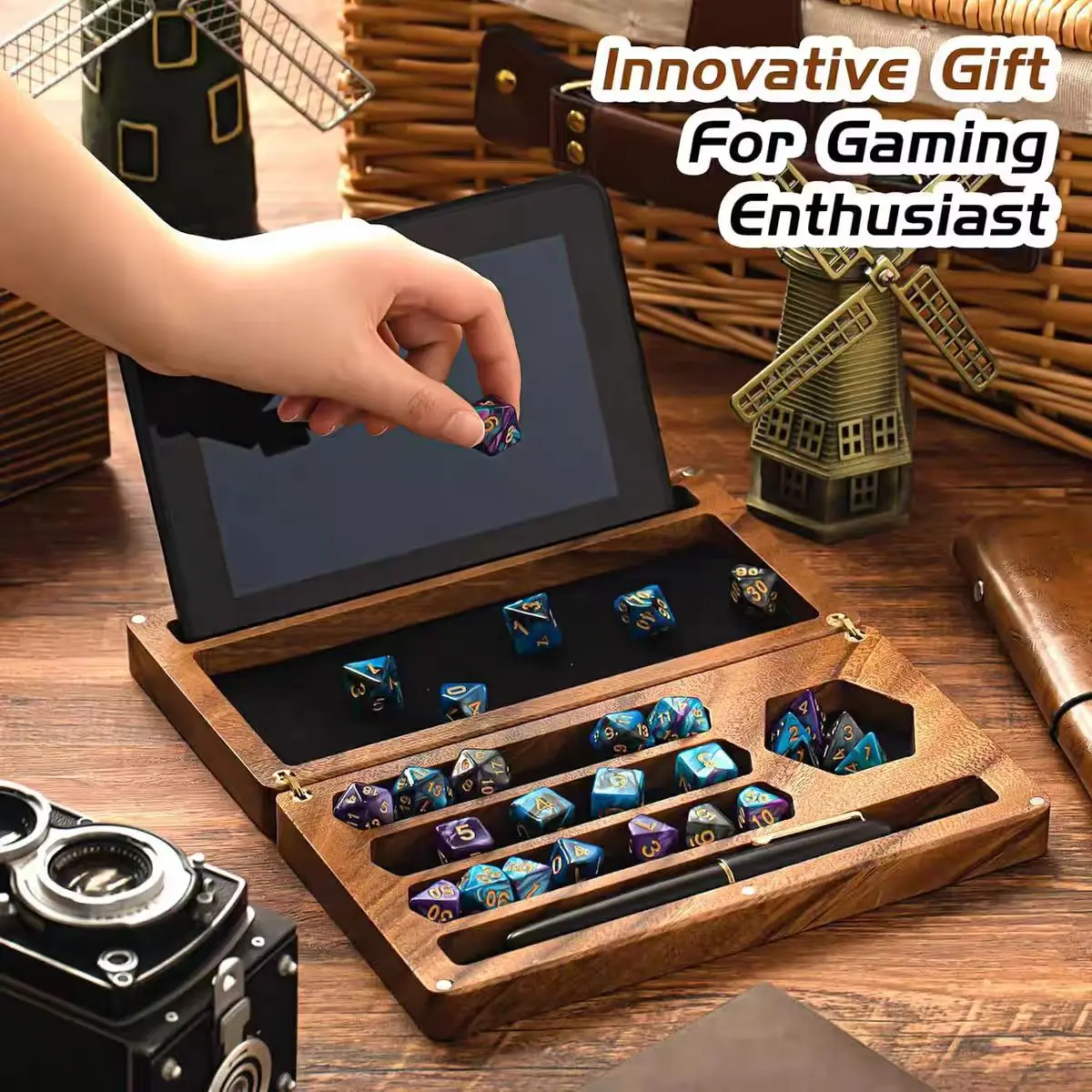 

Деревянный ящик для хранения игральных костей из орехового дерева, 4,8x9 дюймов, лоток для игры в настольные игры, DND, RPG, подарок на Пасху, футляр для костей