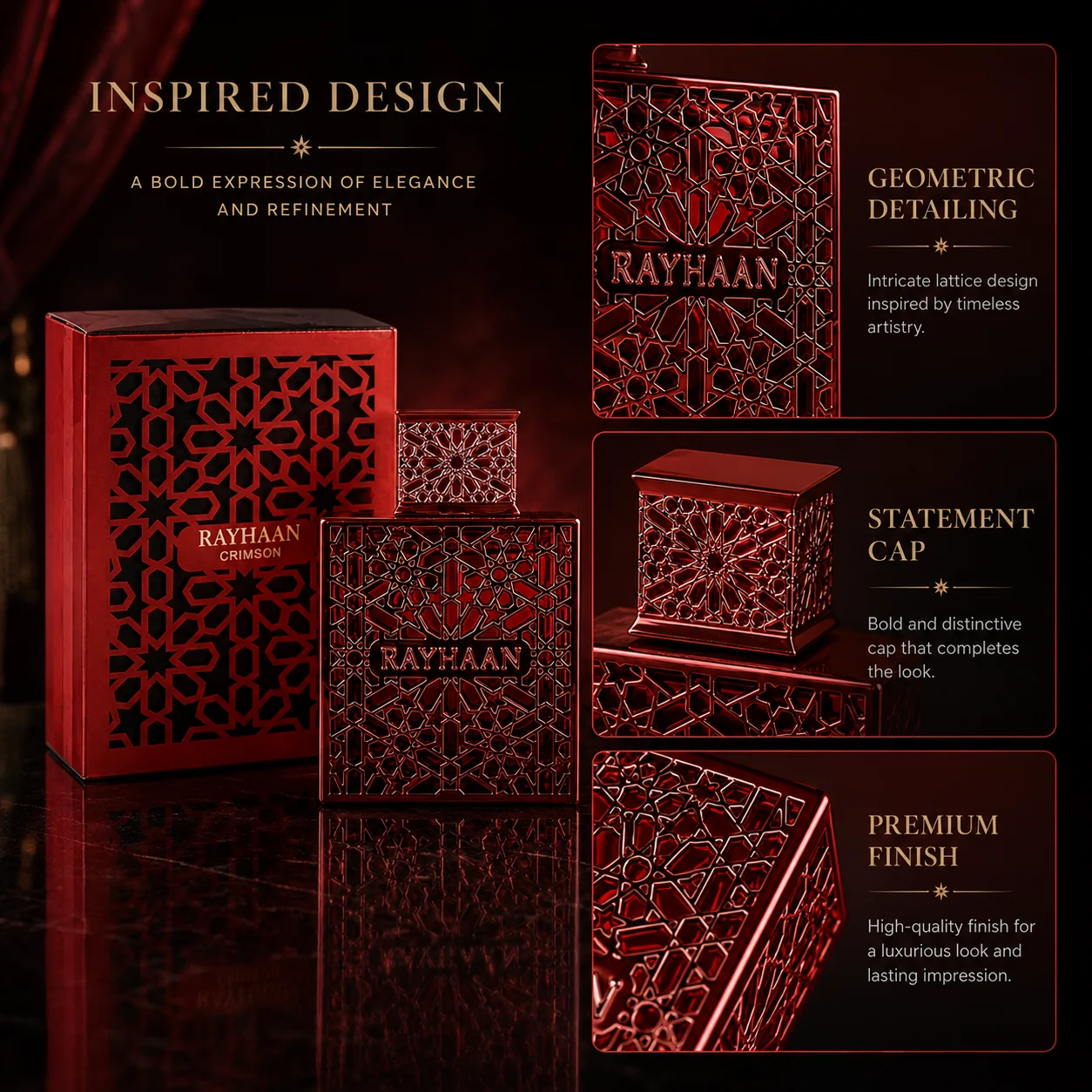 Rayhaan Crimson Red Hollow Carved Geometric Metal Bottle Men Perfume Luxury Arabian Oriental Eau De Toilette Long Lasting Fragrance Mens Cologne Gift Set For Male view 7