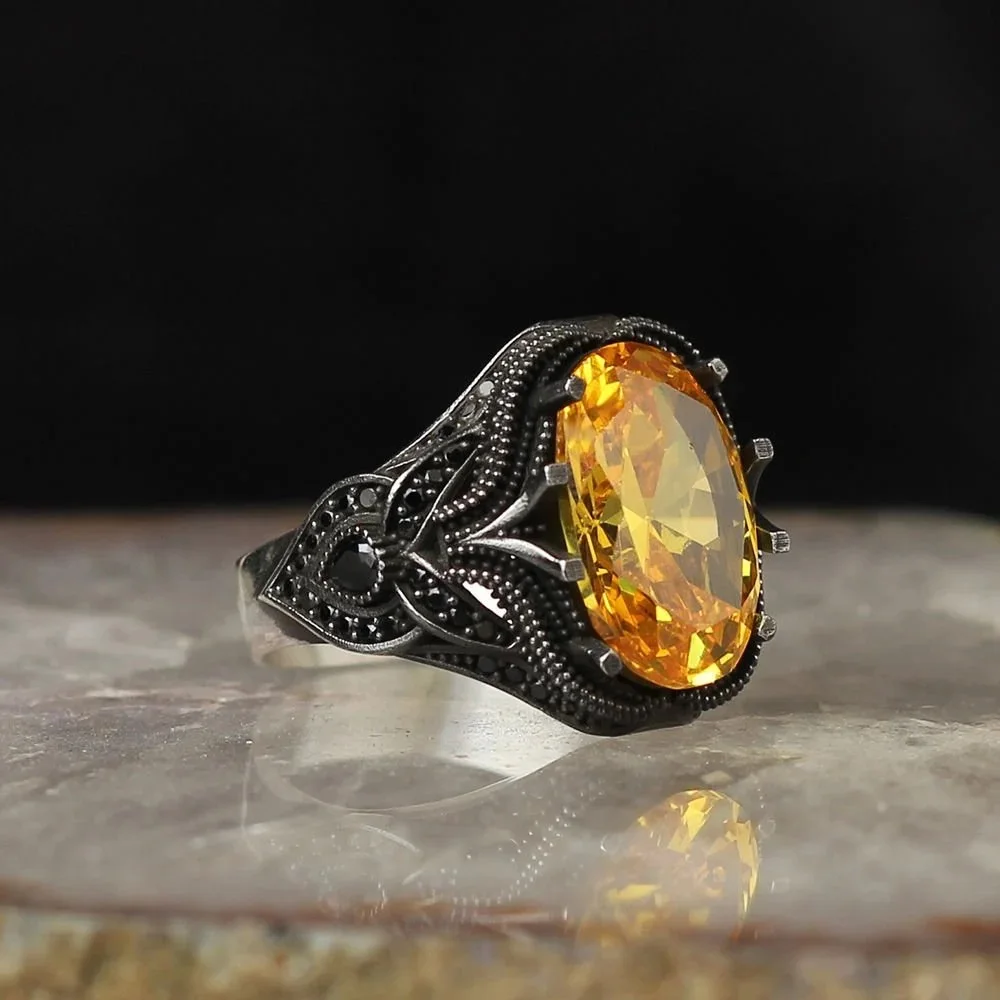 

Handmade real 925 sterling silver ring for men jewelry fashion vintage gift citrine mens ring all sizes