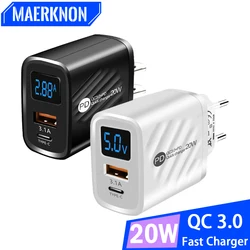 Cargador USB tipo C QC3.0, adaptador de carga de pared con pantalla Digital, 20W, PD, para iPhone 14, Samsung, Xiaomi, Huawei