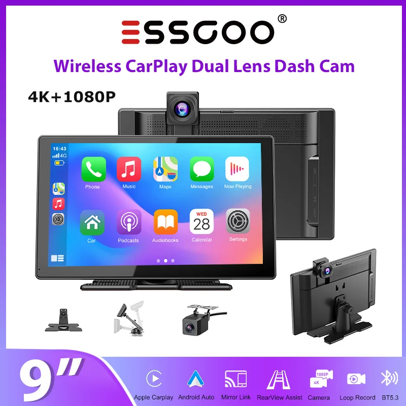 ESSGOO 9-Zoll Tragbares CarPlay-Display Echte 4K Frontkamera & 1080p Rückkamera Universelles Autoradio für LKWs Android Auto BT AUX FM USB