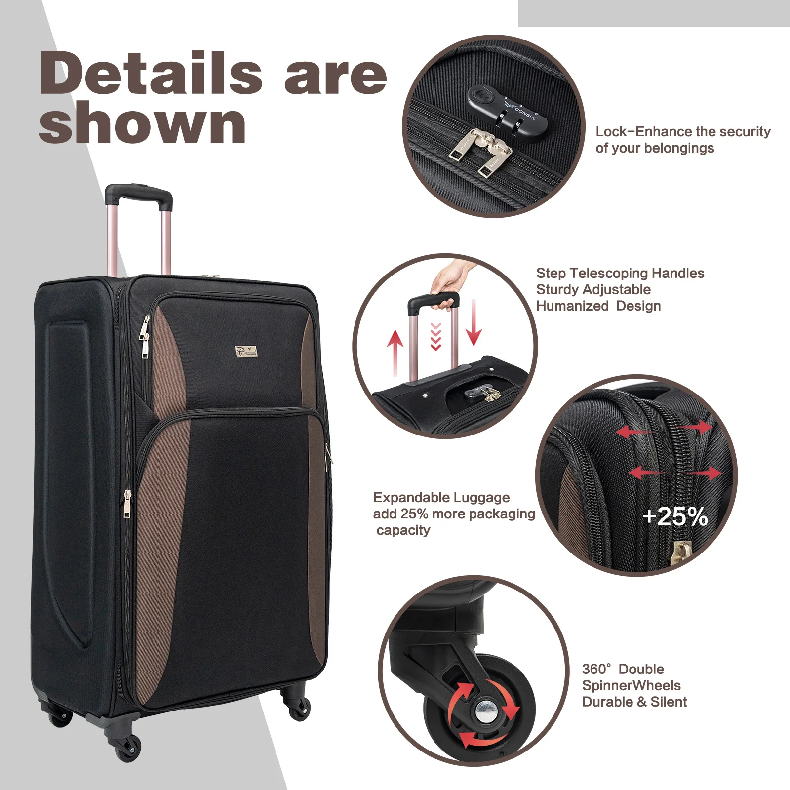 Set da 4 pezzi espandibile per bagagli Softshell – Set da viaggio per valigia leggera Softside da 20'' 24'' 28'' 32'' con borsone, spinner