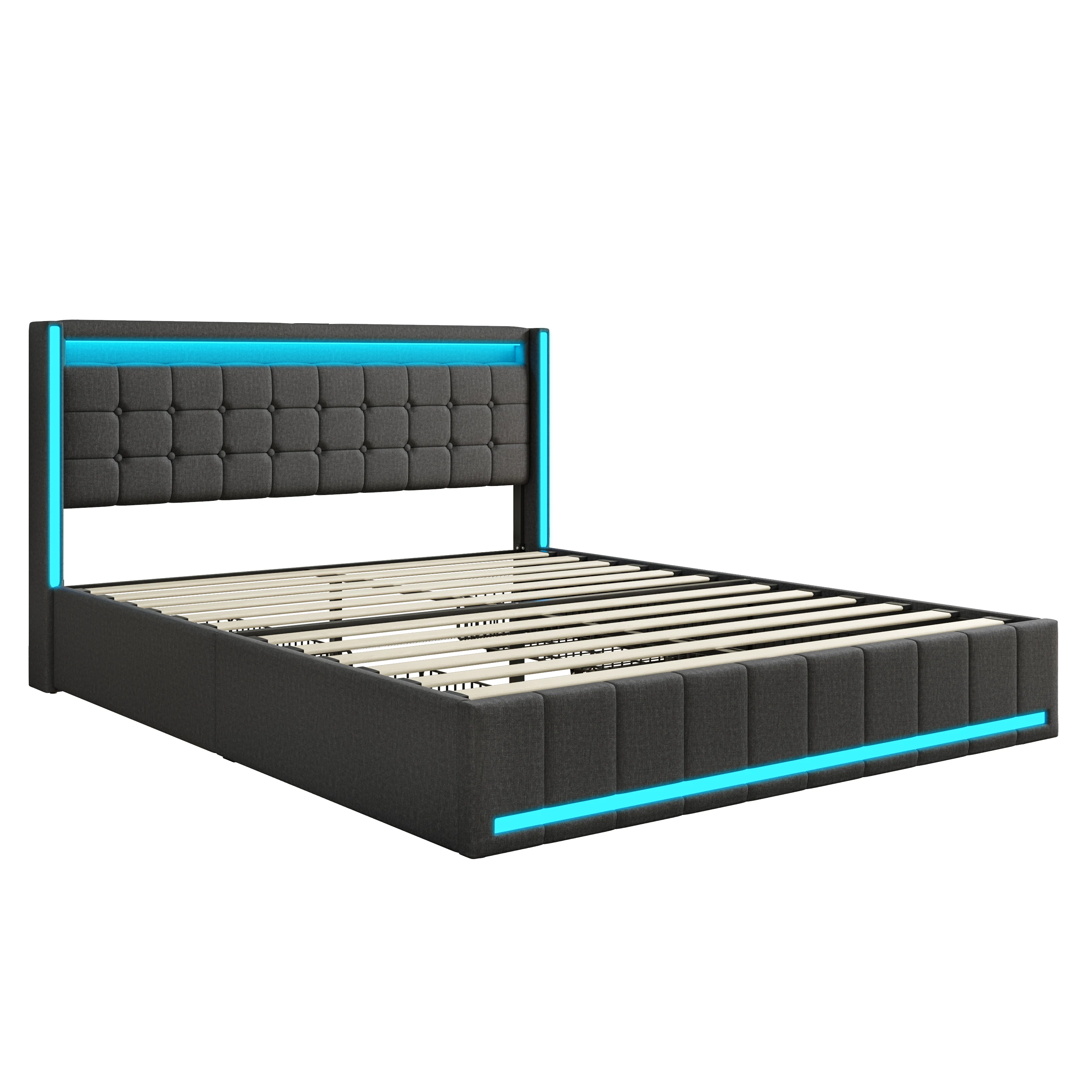 Anajqaqia 160 x 200 cm großes gepolstertes Doppelbett mit 4 Rollschubladen, modernes Plattformbettgestell für Erwachsene, grauer Leinenstoff