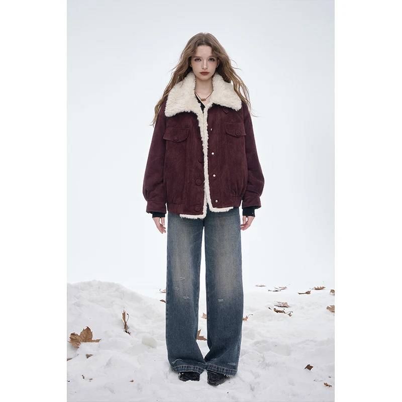 ELFSACK 2025 Winter New Arrivals Y2K Vintage Solid Outer Plush Lining Lapel Wool Blend Coat For Women