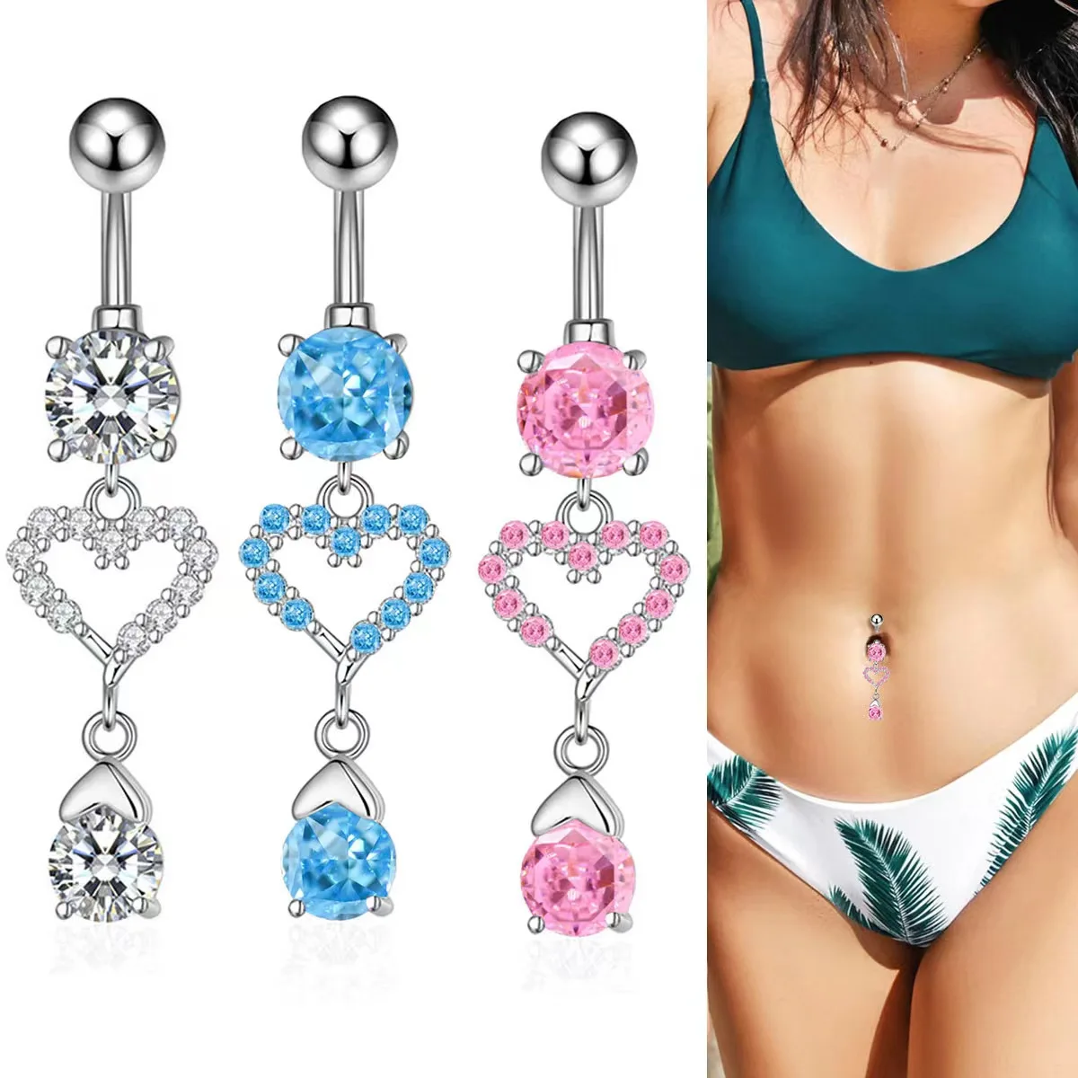 

1PC Heart Zircon Belly Piercing Belly Button Rings 316L Surgical Steel Navel Buckle Belly Button Nailing Fashion Piercing Jewelr