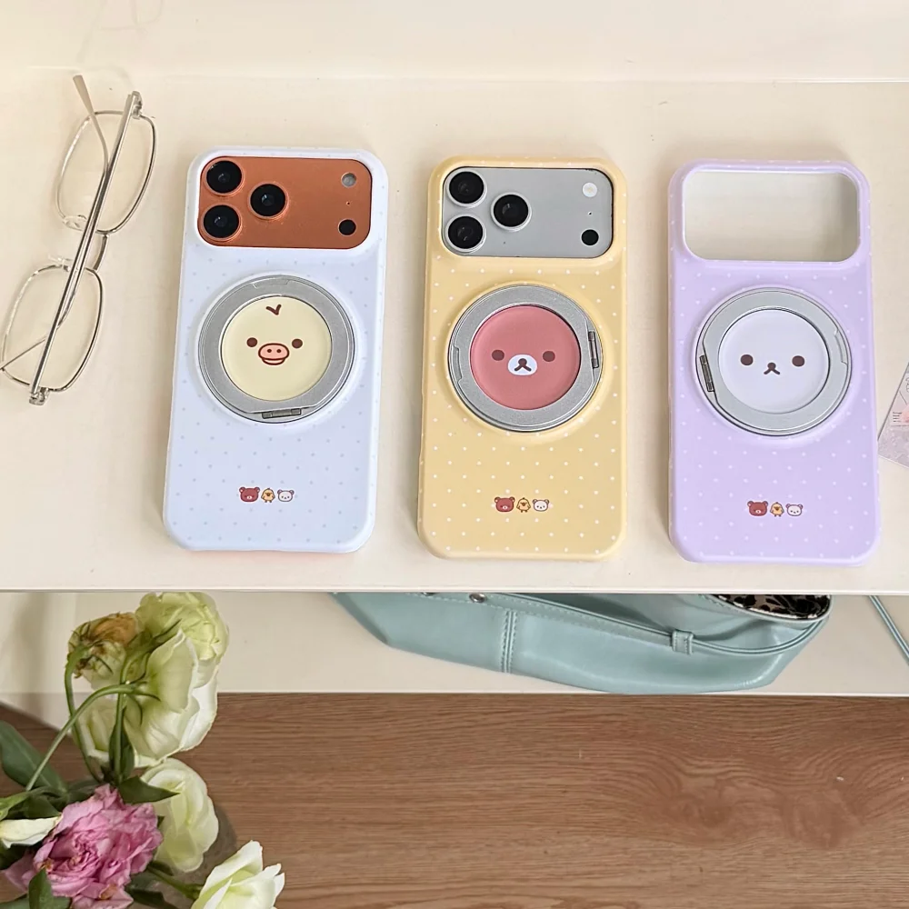 Korean INS Cute Cartoon Bear Polka Dot Print Phone Case For iPhone 17 Pro 16 Max 15 16 17 Pro Max 15Pro With 360° Magnetic Stand