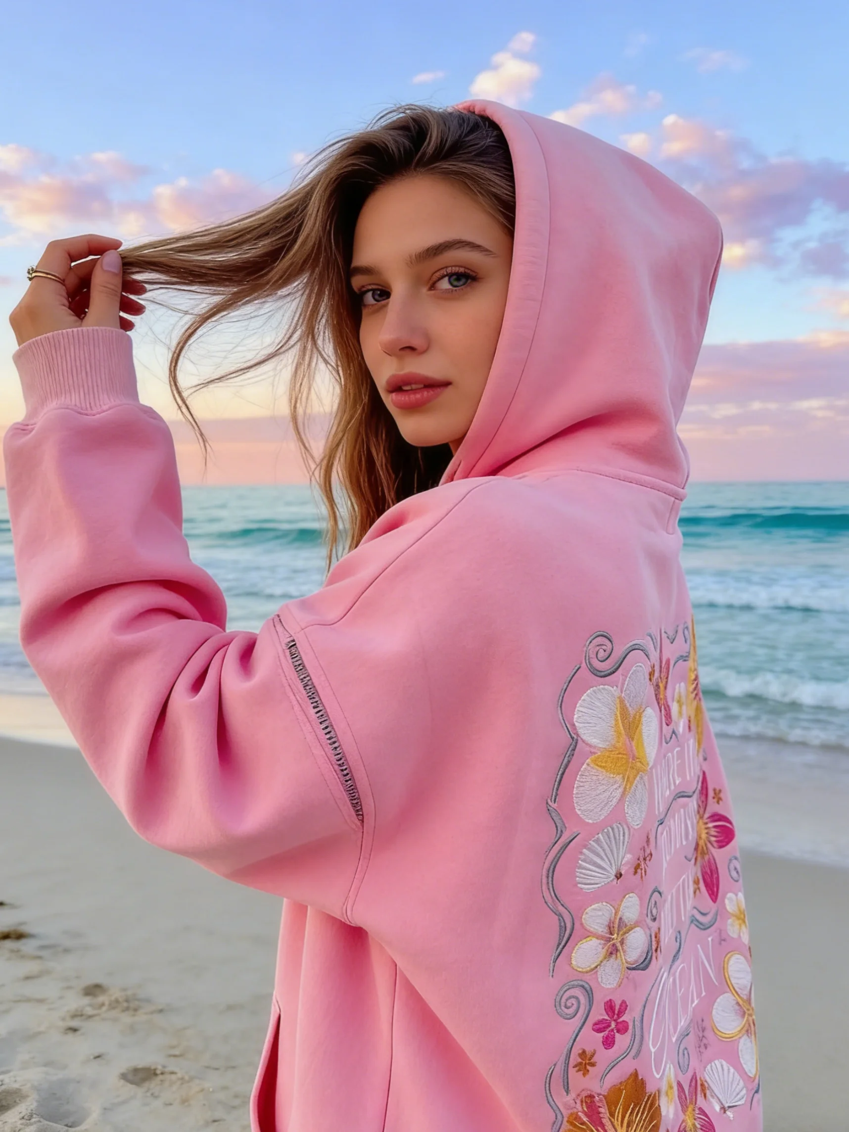 

Flower Embroidery Winter Long Hooded Pullover Sweatshirt Unisex