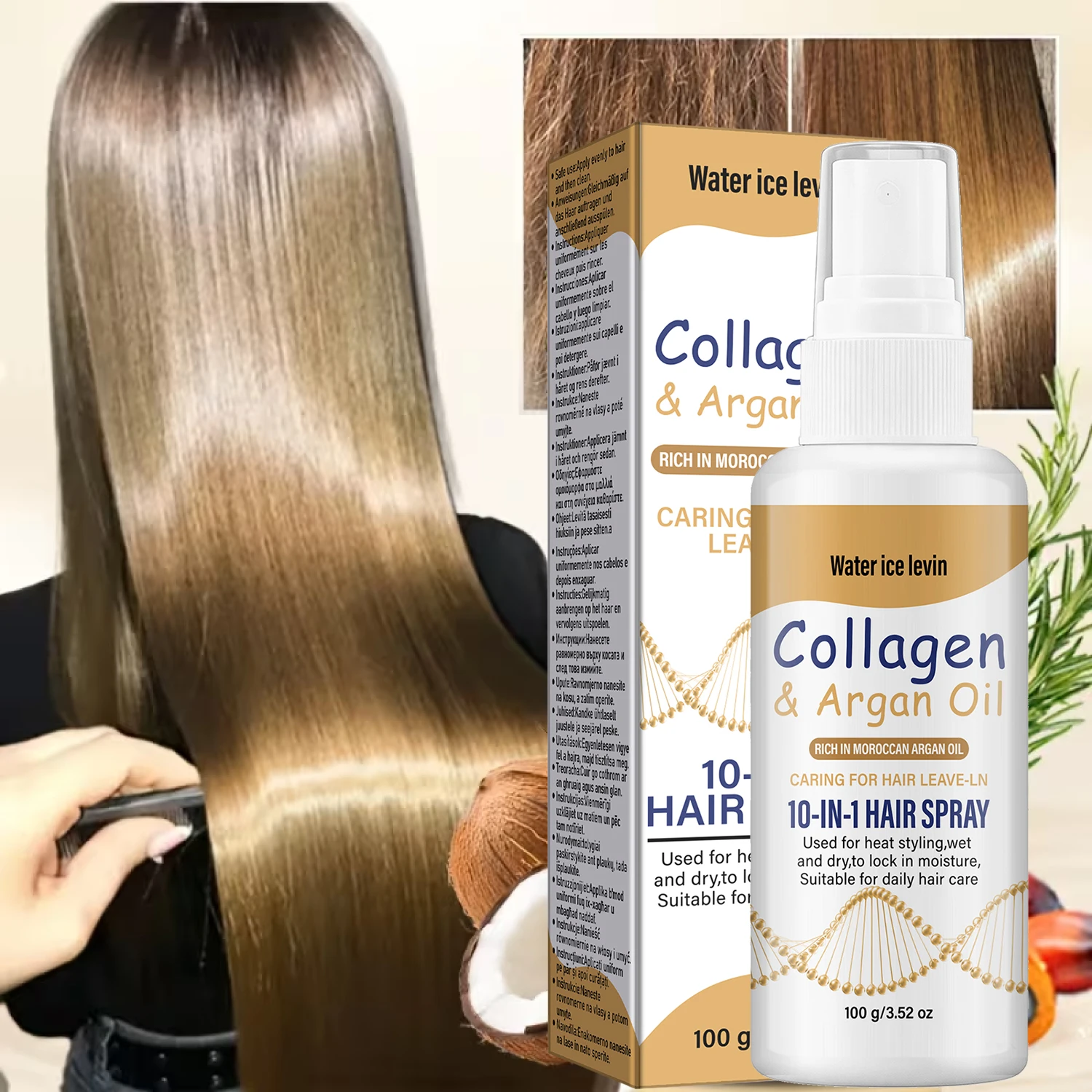 Water Ice Levin 10-in-1-Haarspray mit Kollagen, Arganöl, Leave-in-Hitzeschutz, feuchtigkeitsspendende, glättende Haarpflege, 100 g