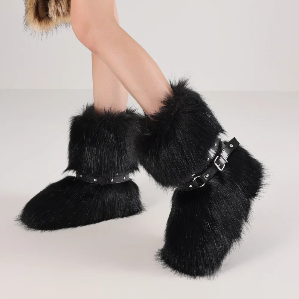 Y2K Furry Fluffy Ankle Boots For Women Faux Fur Boot With Wrap Buckle Straps Mid-Calf Party Boots Comfy Pull On Flat Ankle Boots