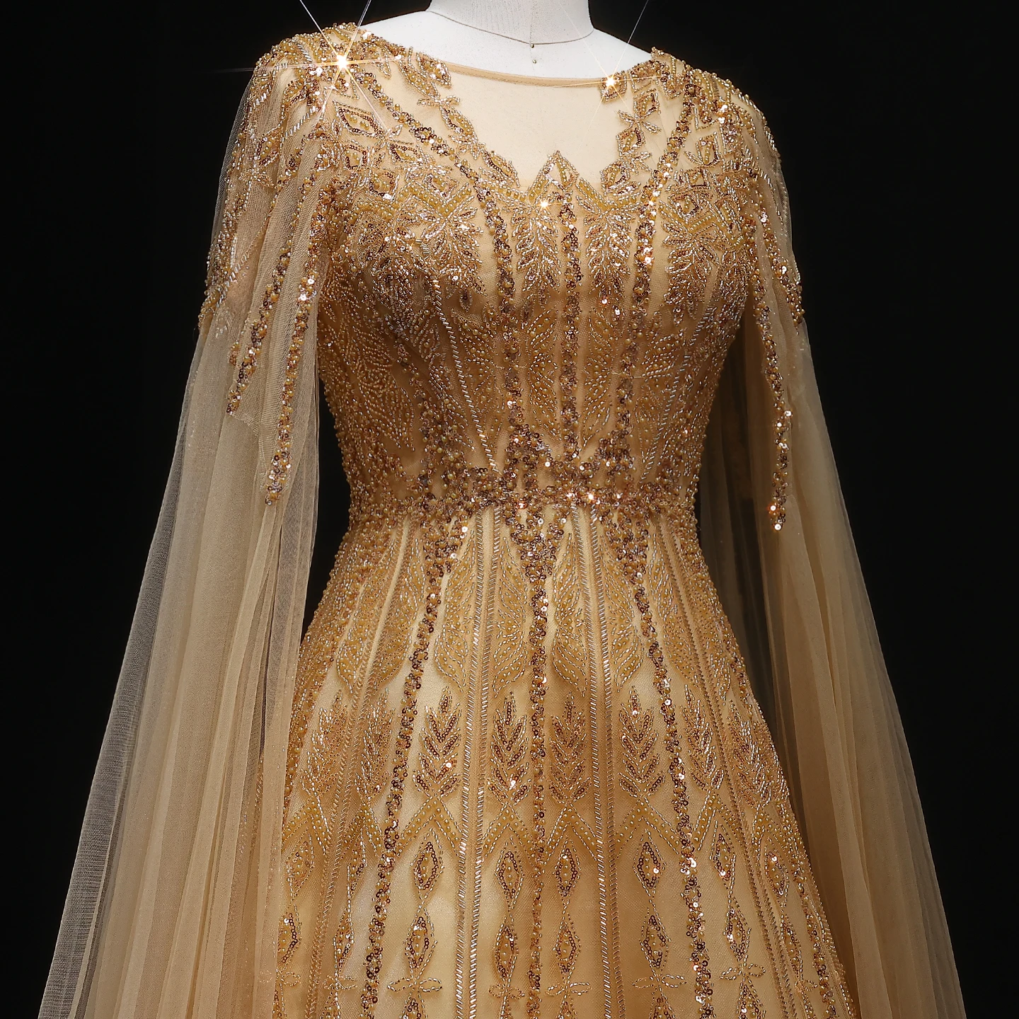 Sharon Said Luxuriöses Dubai Blaues Abendkleid mit Cape-Ärmeln in Übergröße, A-Linie, Arabisches Hochzeits- und Festkleid SS001, Maßanfertigung – Detail 28