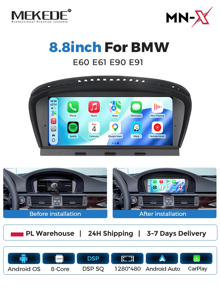MEKEDE Autoradio mit Wireless Carplay und Android Auto für BMW 3er 5er Serie E60 E61 E63 E64 E90 E91 E92 E93 CIC CCC GPS-Navigation Intelligenter Multimedia-Player 4G LTE WIFI DSP Unterstützt