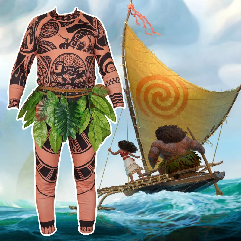 Hot Sale Moana Character Cosplay Tight One-Piece Suits Halloween Maui Tattoo Printed Costume for Adults and Kids