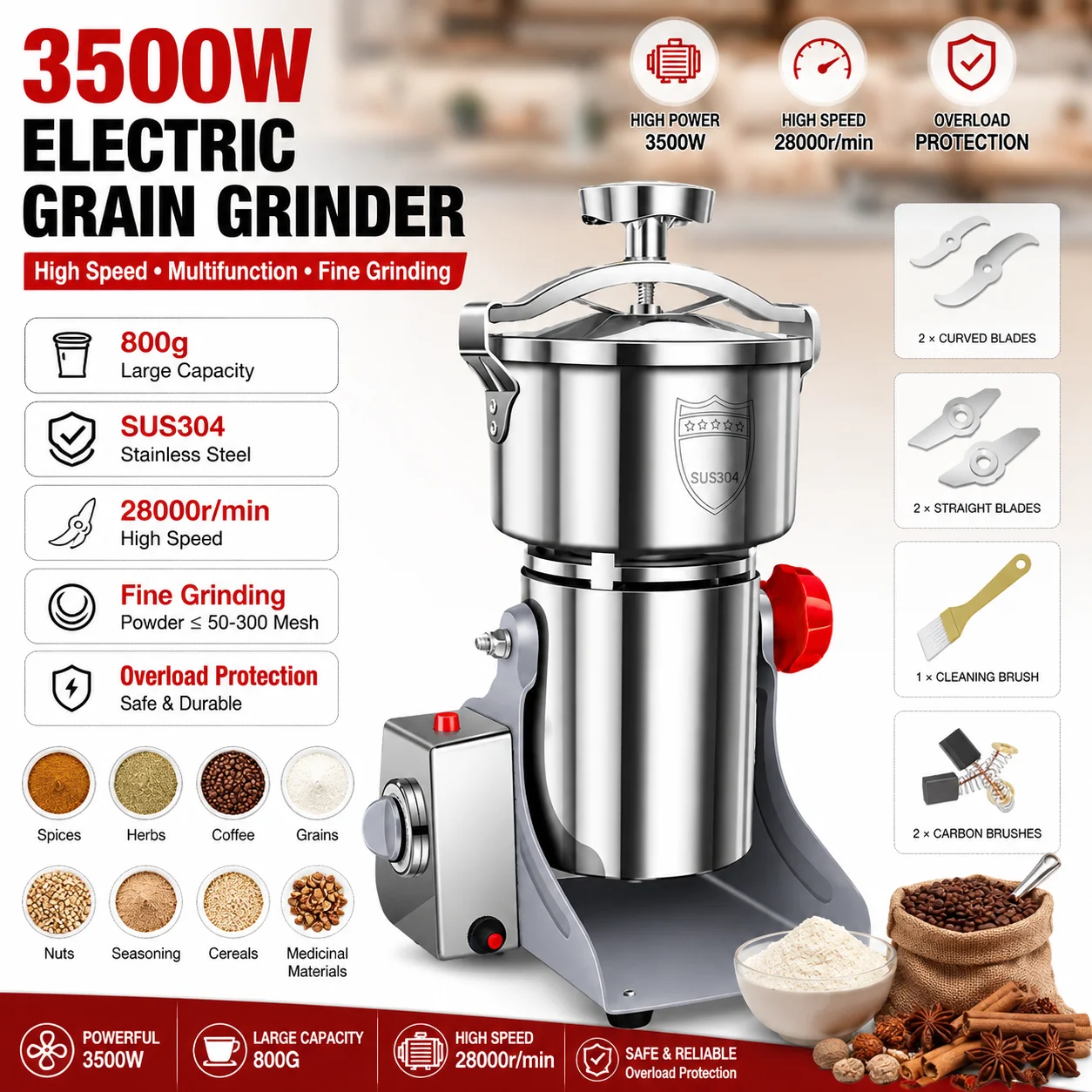 Moulin à grains électrique 3500W, 800g, en acier inoxydable, haute vitesse, multifonction, pour épices, herbes, café, aliments secs, protection contre les surcharges, usage commercial et domestique, outil de broyage de céréales et de farine