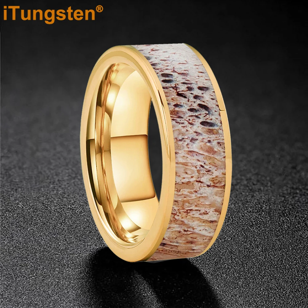 タングステン8mmタングステンリング-メンズ-レディース-アバロン鹿角結婚指輪-フラットエッジ-コンフォートフィット