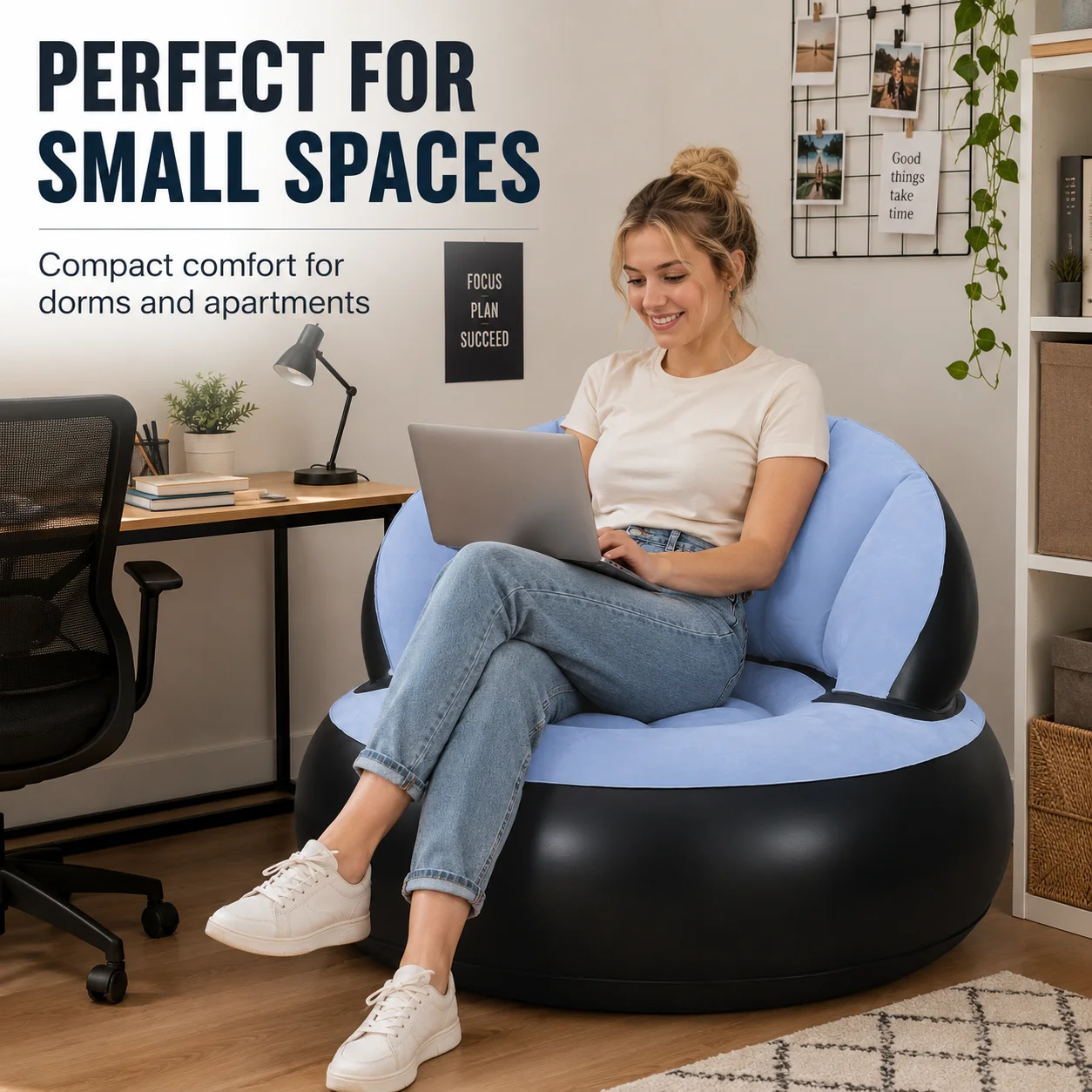 Inflatable Sofa Chair, Flocking Air Lounge Couch Bean Bag Sofa Bed, Portable Lazy Chair for Home Bedroom Living Room Camping