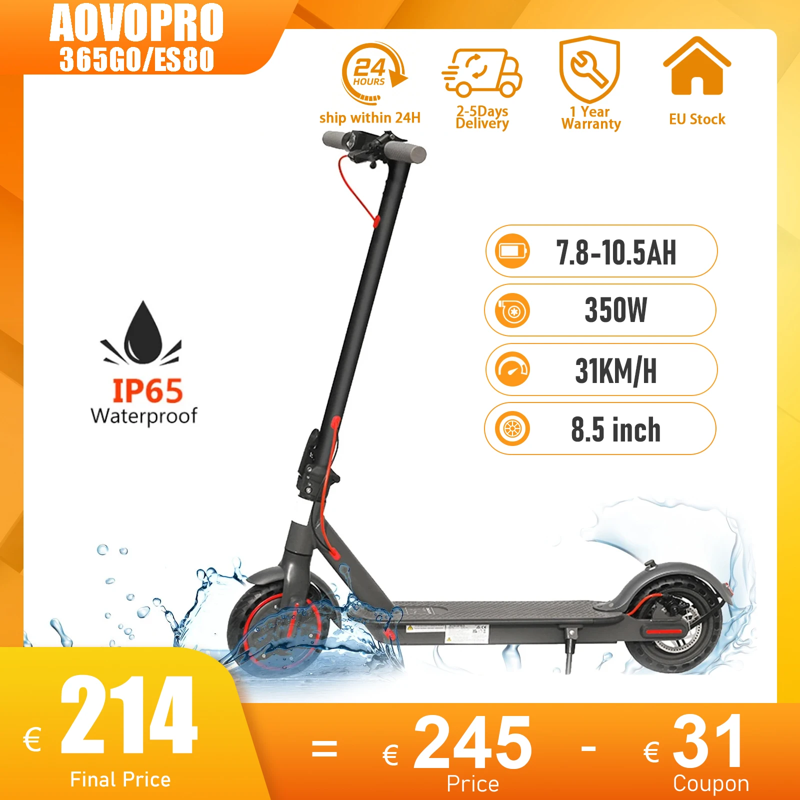 AOVOPRO Adults Electric Scooter 7.8-10.5AH 350W 31KM/H Max Speed APP Smart Off Road Electric Scooter with 8.5Inch Tire