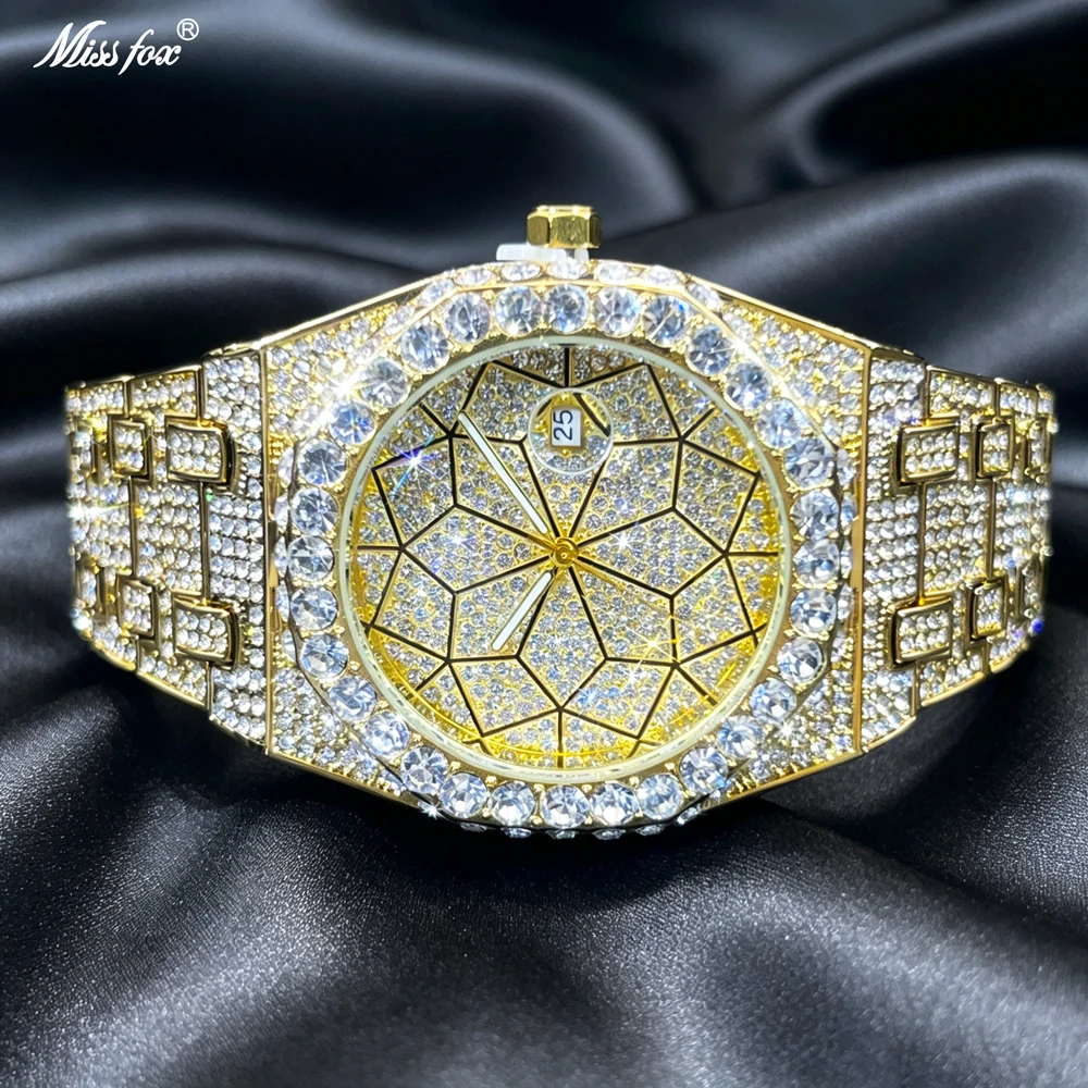 Missfox Full Diamond Men Watch Gold Quartz Wristwatch Calendar Waterproof Hip Hop Iced Out Diamond Luxury Gift For Male Jewelry