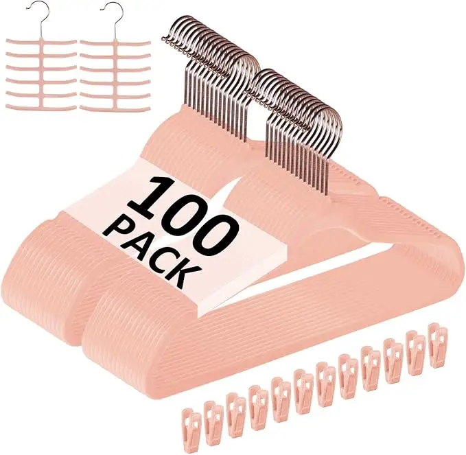 Paquete de 100 perchas de terciopelo premium antideslizantes que ahorran espacio con 12 clips, 2 perchas para corbatas, perchas para ropa de traje rosa resistentes