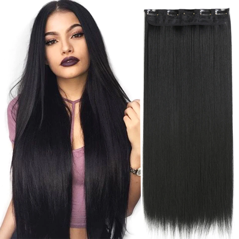 LM-extensiones de cabello sintético para mujer, largo y liso postizo, color negro, marrón y Rubio, 80CM, 5 clips