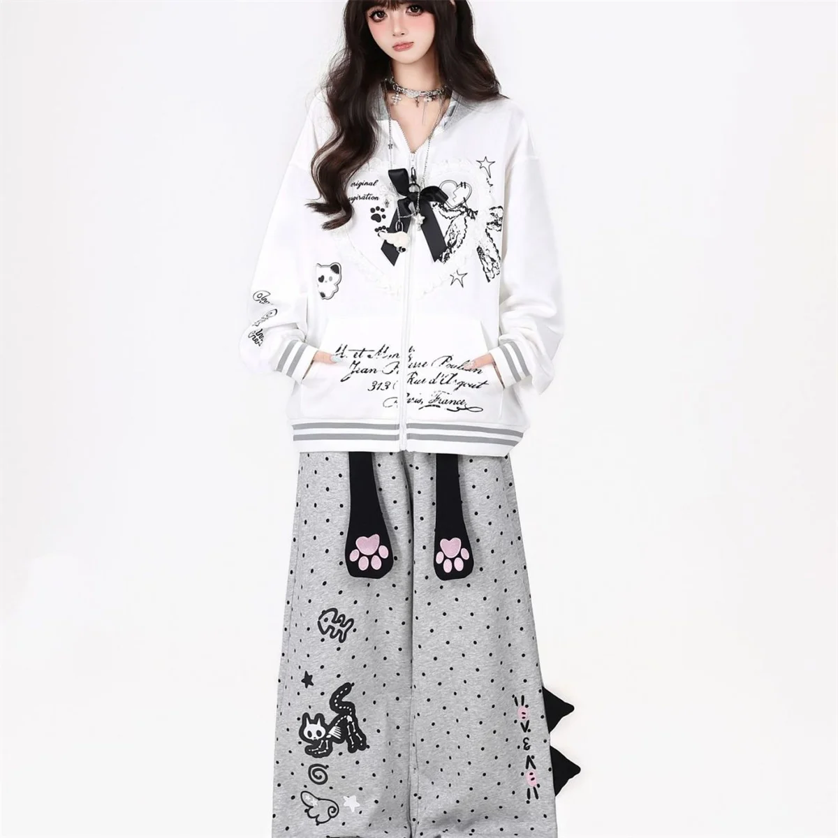 Japanische Süße Coole Neue Polka-Dots Niedlicher Cartoon-Print Hochgeschnittene Hose Lose Lässige Gerade Jogginghose Schwarze Damenhose – Detail 4
