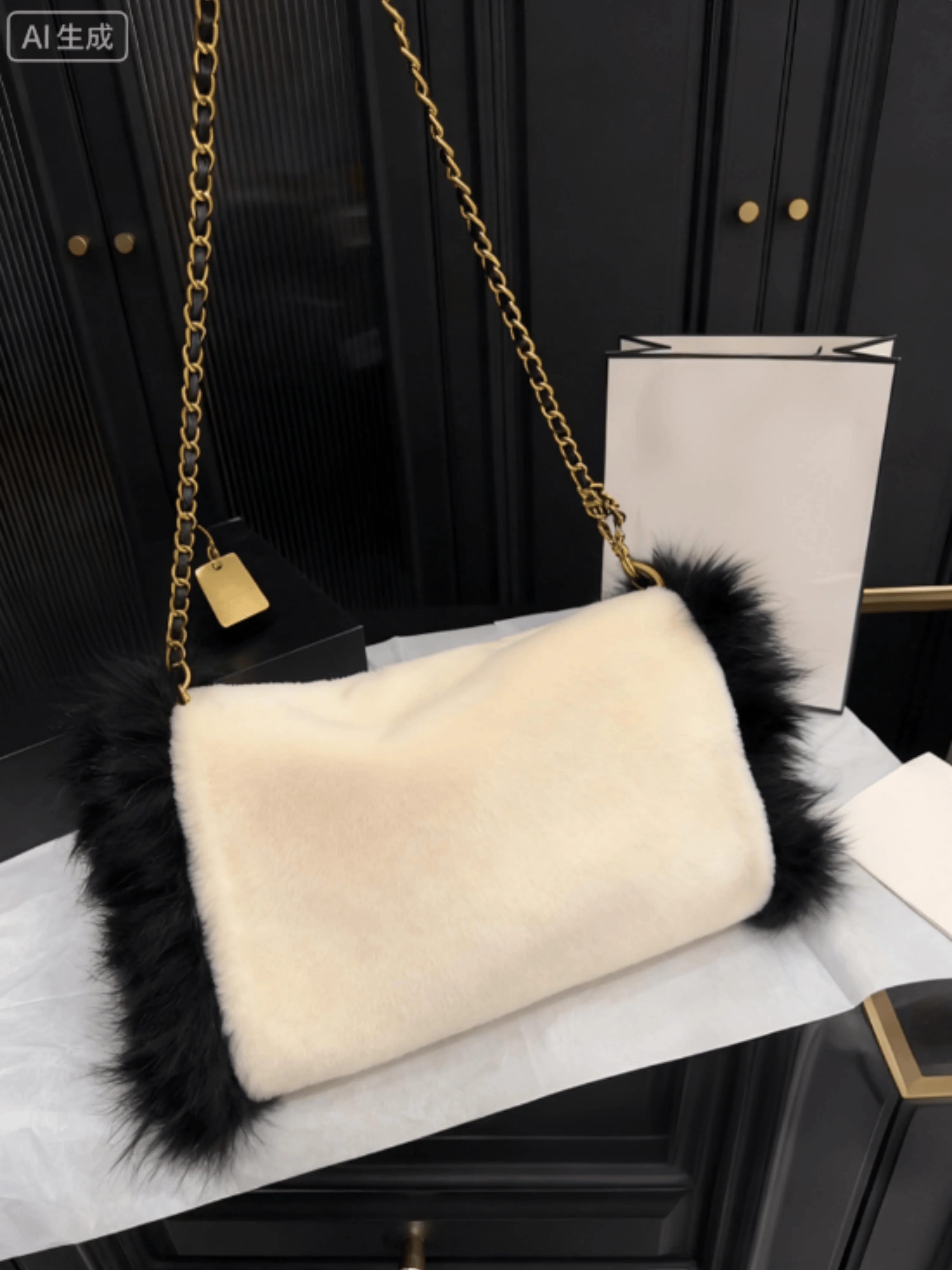 

2025 Women Chain Bag Plush New Splicing Color Fashion Warm Casual Women Bag 31*26cm