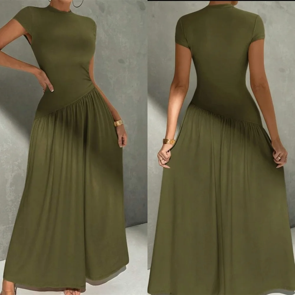 

Customized High Quality Green Jersey Evening Dress Temperament Crew Neck Short Sleeves Ankle Length Bespoke Occasion Gowns