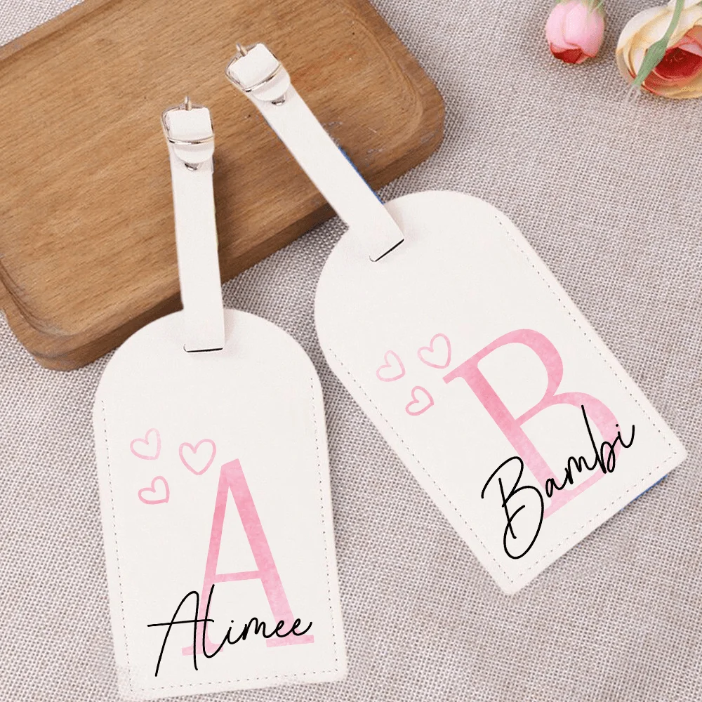 

Personalized Pink Initial And Love Suitcase Tags Made of White, Perfect for Travel Gifts
