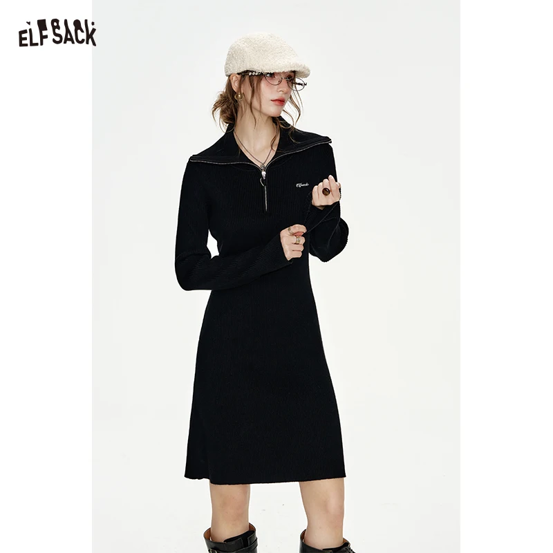 

ELFSACK 2024 Winter New Arrivals Black embroidery heart-shaped zipper lapel knitted long-sleeved short A-line dress for women