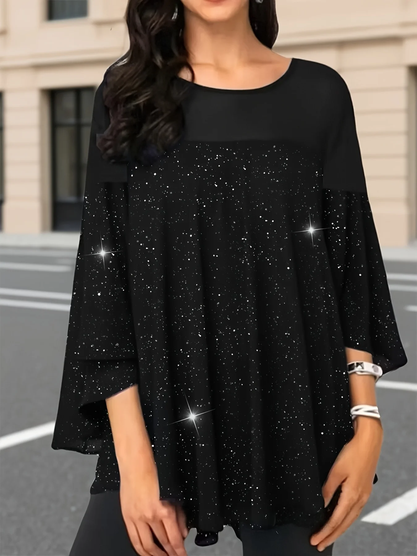 

Elegant plus Size Solid Color 3/4 Sleeve Loose Top for Women Fashion Shiny Asymmetrical Hem round Neck Long Shirt