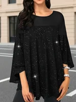 Blusa Elegante de Talla Grande, Color Sólido, Manga 3/4, Holgada, para Mujer, Moderna, Brillante, con Dobladillo Asimétrico, Cuello Redondo, Camisa Larga