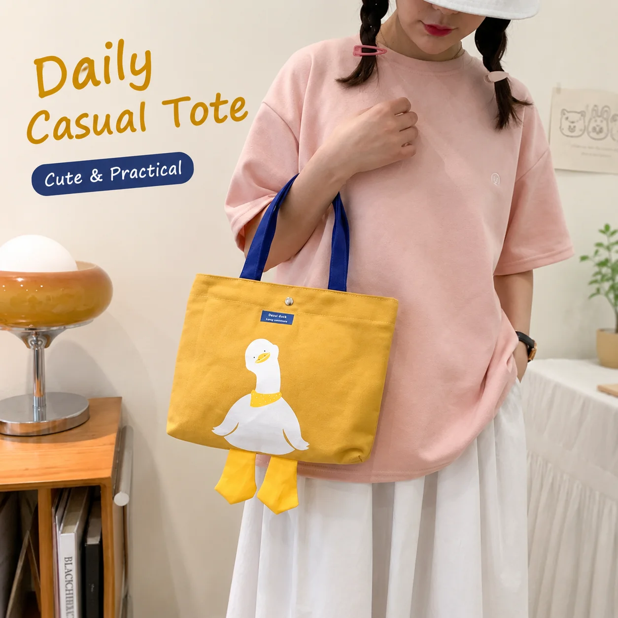 Women's Cute Duck Canvas Tote Bag Cartoon Animal Handbag Casual Large Capacity Shopping Shoulder Bag with Magnetic Snap