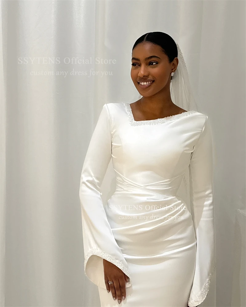SSYTENS Vestido de Novia Árabe con Cuentas y Perlas, Modesto, Personalizado, de Satén Blanco Marfil, Mangas Largas, Vestido de Novia Musulmán, Robe De Mariée