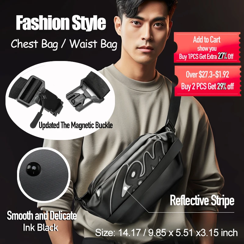 Male Sling Bag Waterproof, Brand Men's Shoulder Bags, Large Capacity Waist Pack Reflective stripe,  Fashion Style Cross Backpack