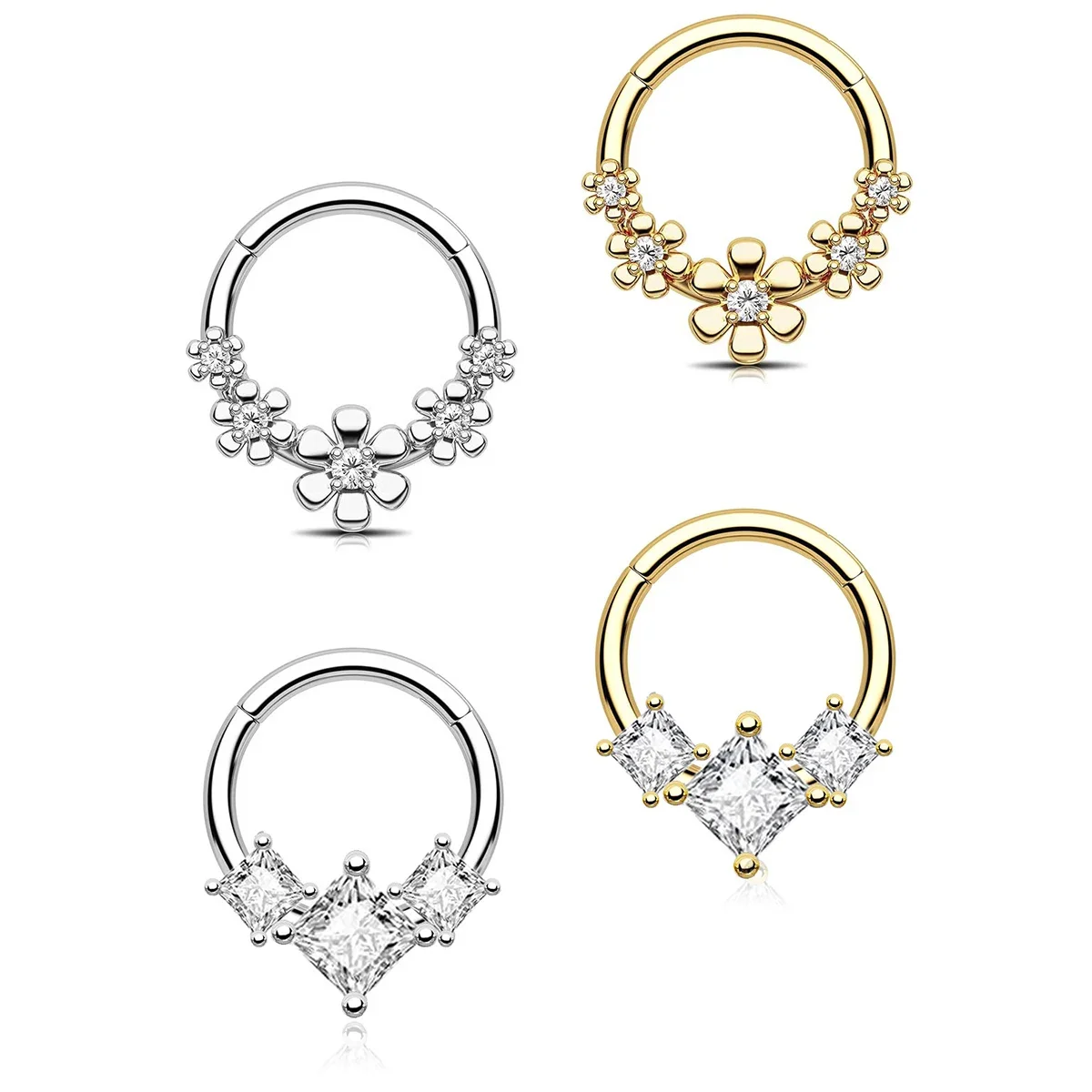 Cyrkonia kwiat zawiasowy segment kolczyk w nosie kolczyki ze stali nierdzewnej kolczyki w nosie przegroda Clicker kolczyki Piercing biżuteria — zdjęcie 2