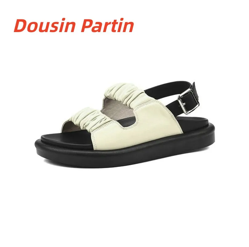Dousin Partin 2022 Genuine Leather Slingback Female Mixed Color Summer Square Low Heel Buckle Women Shoes Basic Sandals