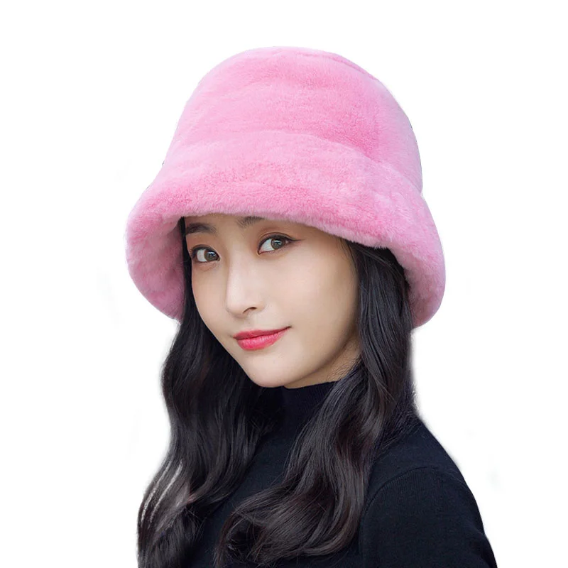 Fur Hat 2022 Winter women's Fashion Solid Color Rabbit Fur Hat Bucket Cap Fisherman's Hat Retro Knitted Wool Basin Bucket Hat