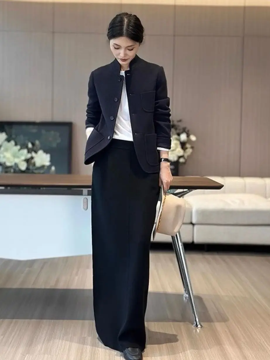 Autumn minimal elegant women's wool black skirt suit
