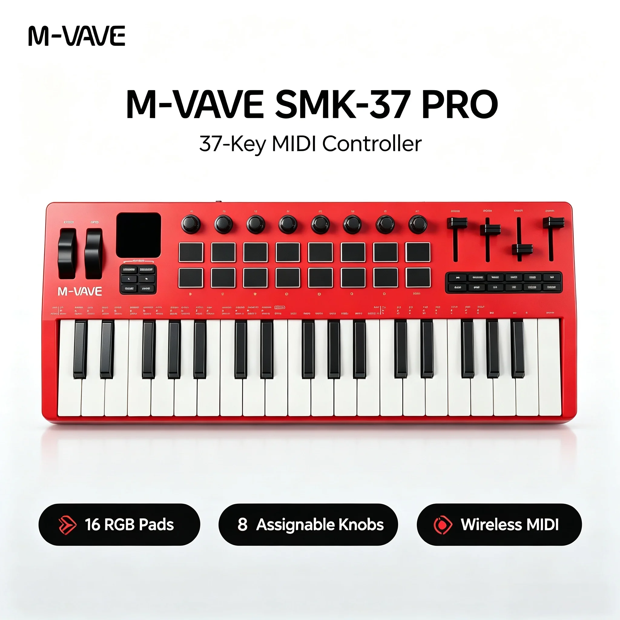 M-VAVE SMK-37 PRO 37-Key Portable MIDI Keyboard 16 RGB Pads 8 Knobs DX-7 FM Engine Bluetooth 5.0