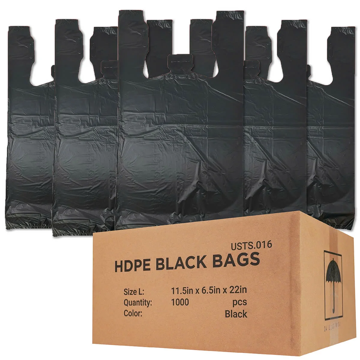 Heavy Duty Black HDPE Plastic T-Shirt Bags on Roll 11.5x6.5x22in, 1000pcs, Leak-Proof, Rack Compatible Shopping Bag