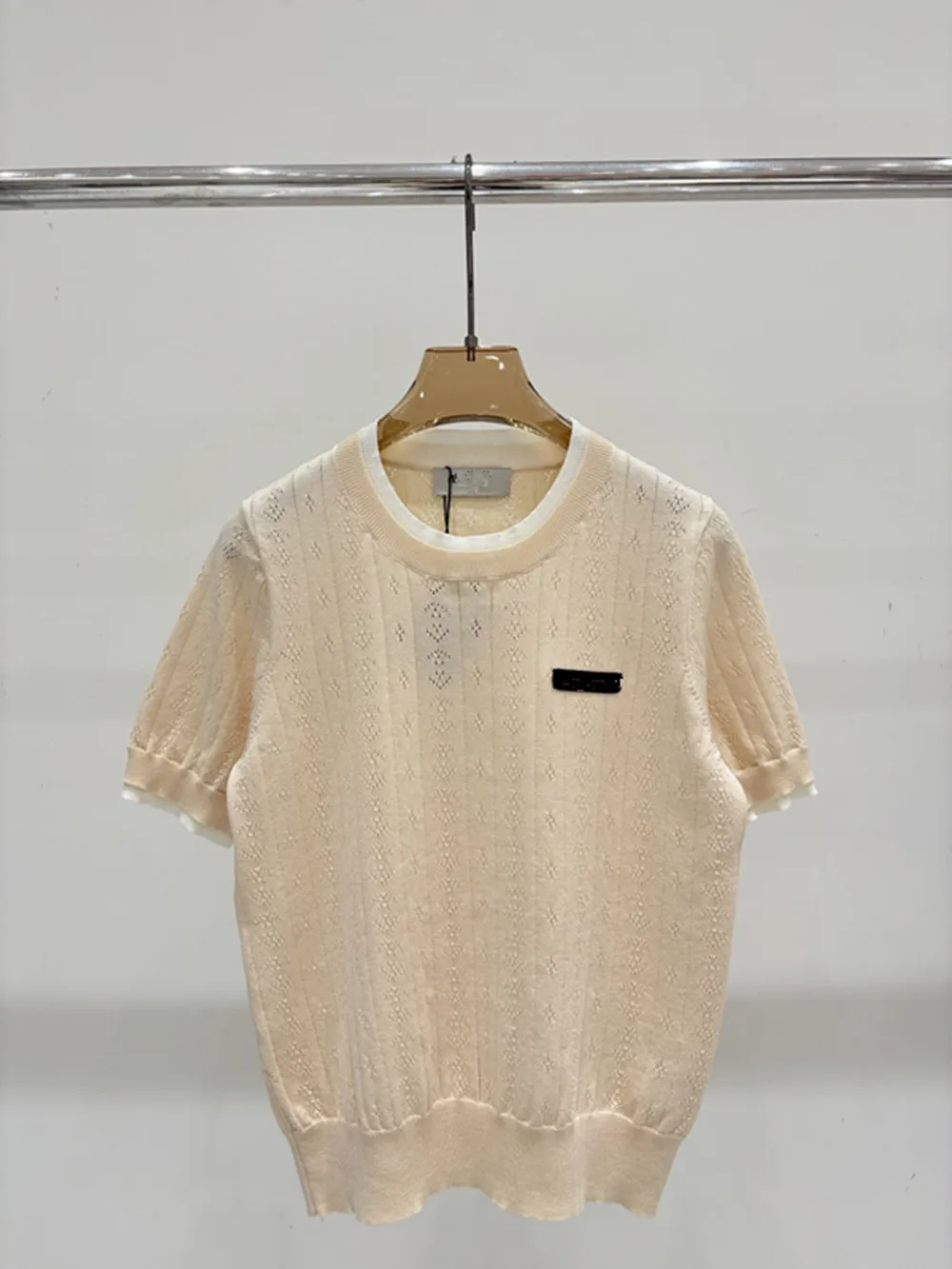 

Women's Spring/Summer New Jacquard Hollow Pattern Decorative Collar Color blocked Design Casual Knitted Short Sleeve SC0506